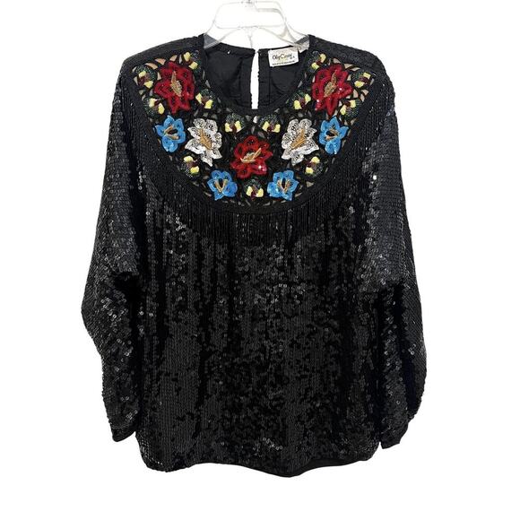 Vintage Oleg Cassini TopWomens M/L Sequin Silk Floral Beaded 80s Deco - Picture 1 of 7